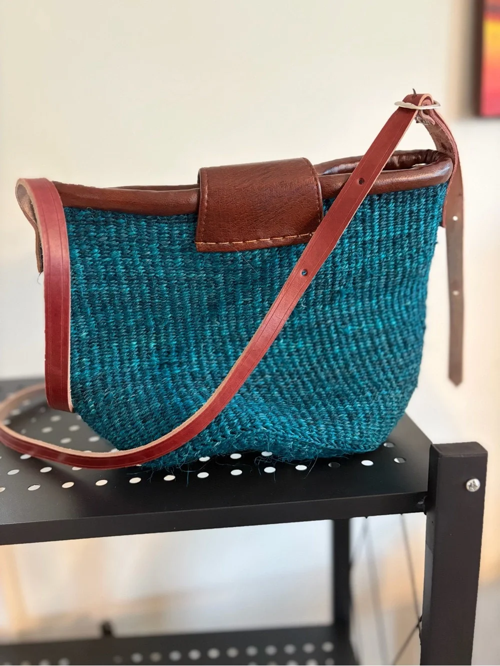 Teal Woven Clutch with Brown Leather Trim and Beaded Accent - Picture 2 of 8
